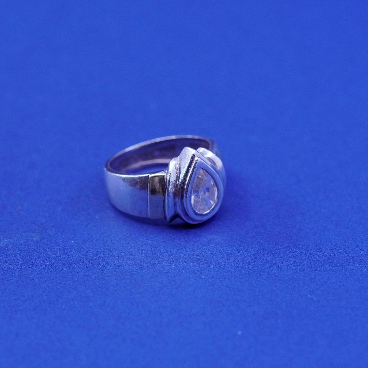 Size 6, vtg Sterling silver handmade ring, 925 statement band with teardrop cz