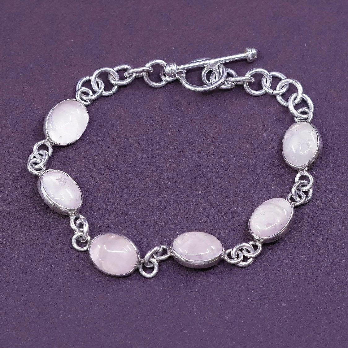 5.5”, vtg Sterling silver handmade bracelet, Mexico 950 w/ pink quartz n toggle