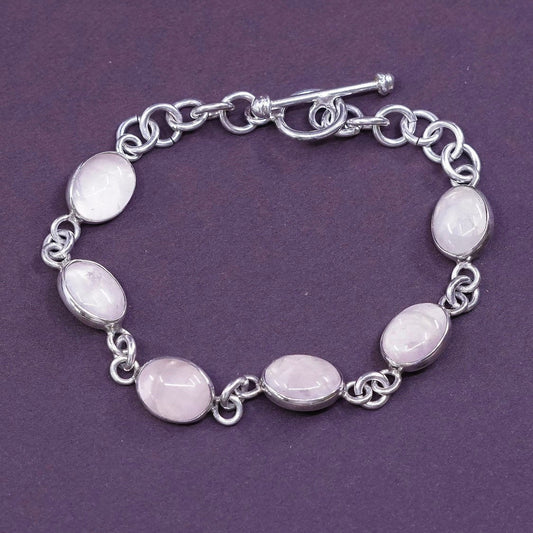5.5”, vtg Sterling silver handmade bracelet, Mexico 950 w/ pink quartz n toggle