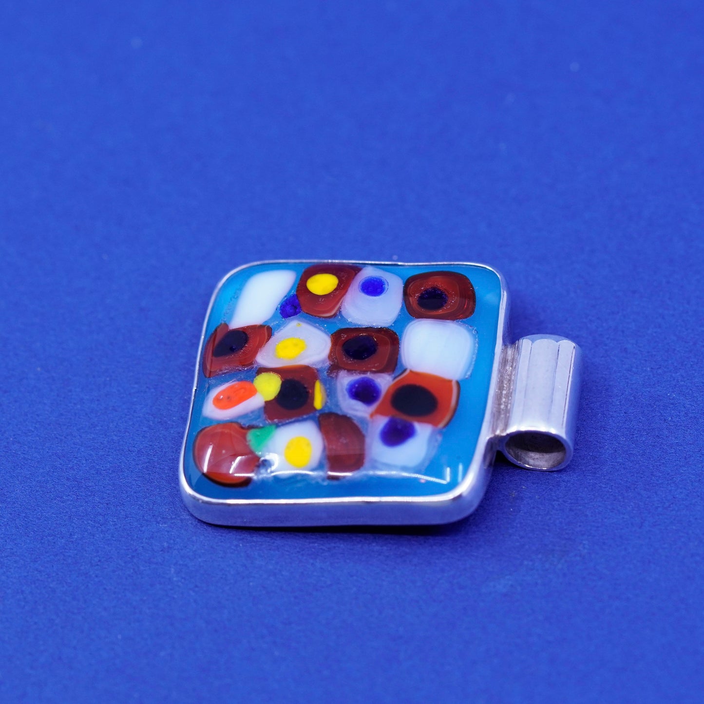 Vintage sterling 925 silver handmade pendant with square blue dichroic glass