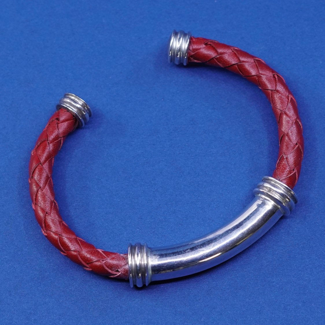 6.25", vtg ESPO Sterling silver handmade bracelet, 925 cuff braided red leather