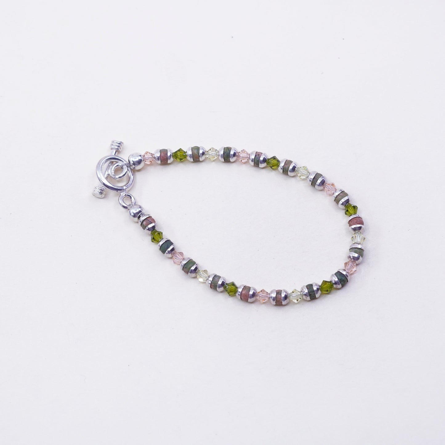 6.75”, Vintage Sterling 925 silver handmade bracelet with pink crystal Unakite