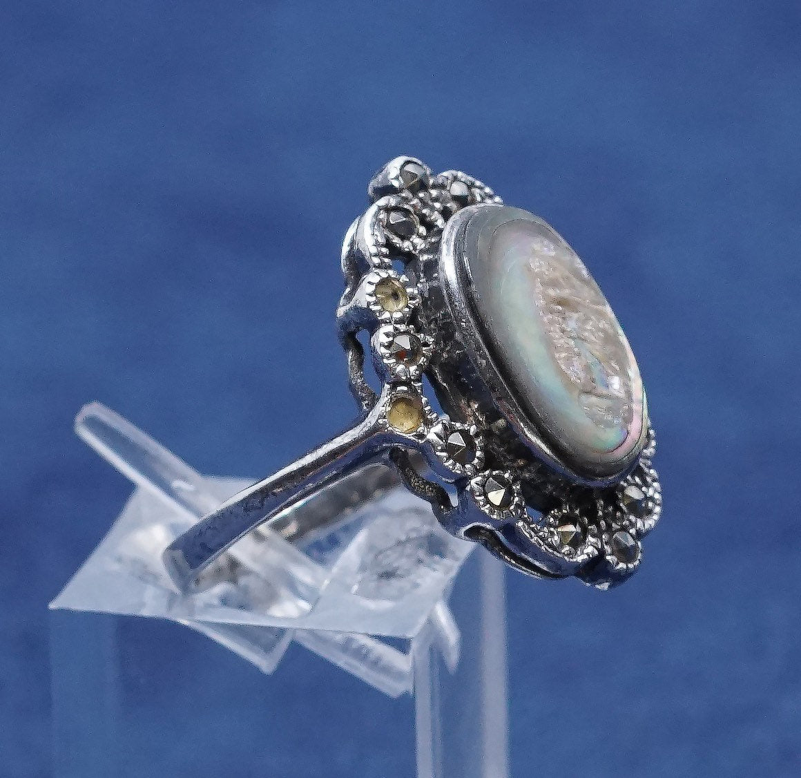sz 9.25, sterling silver handmade ring, southwestern 925 w/ abalone N marcasite