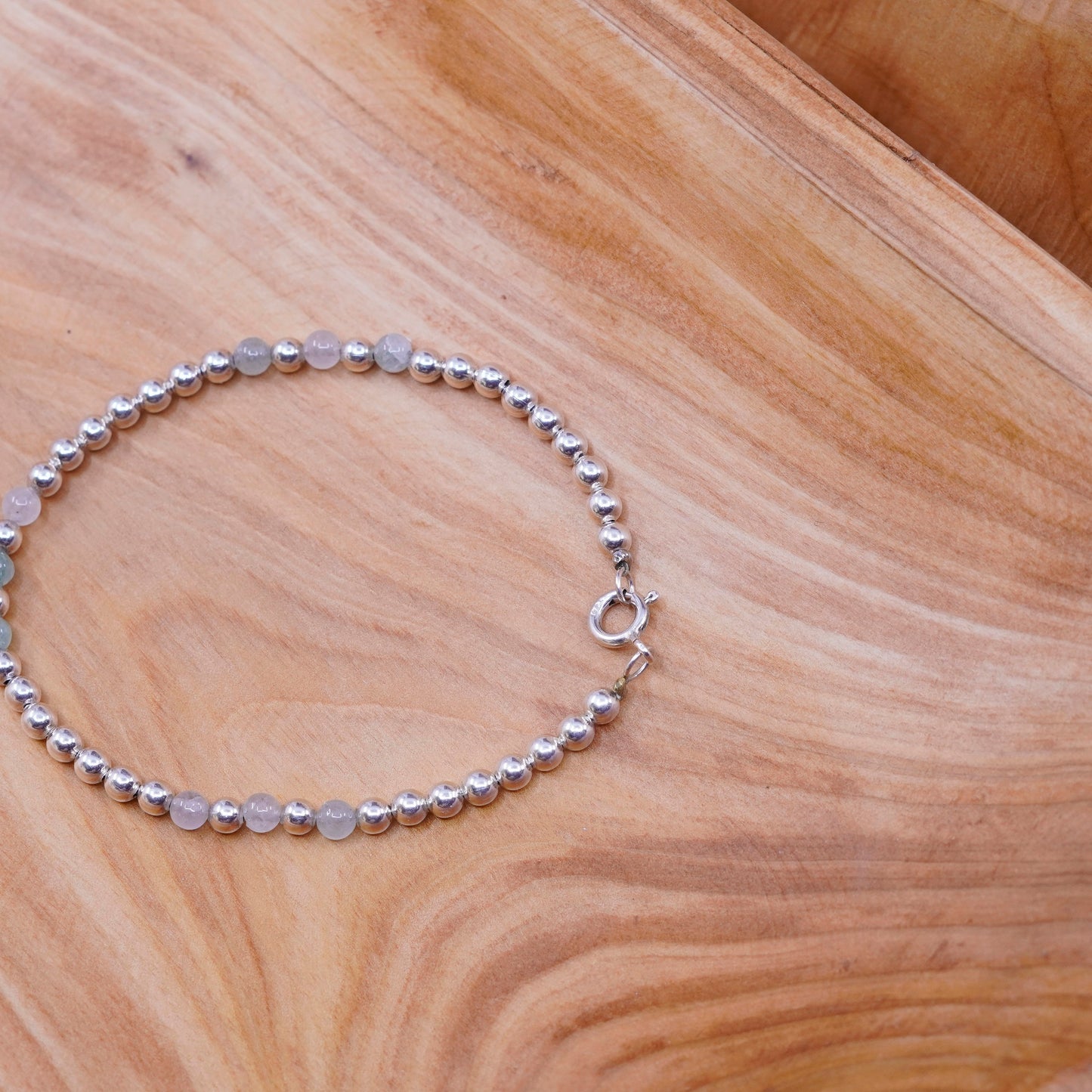 7.5”, Vintage Sterling silver handmade bracelet, 925 beads with jade