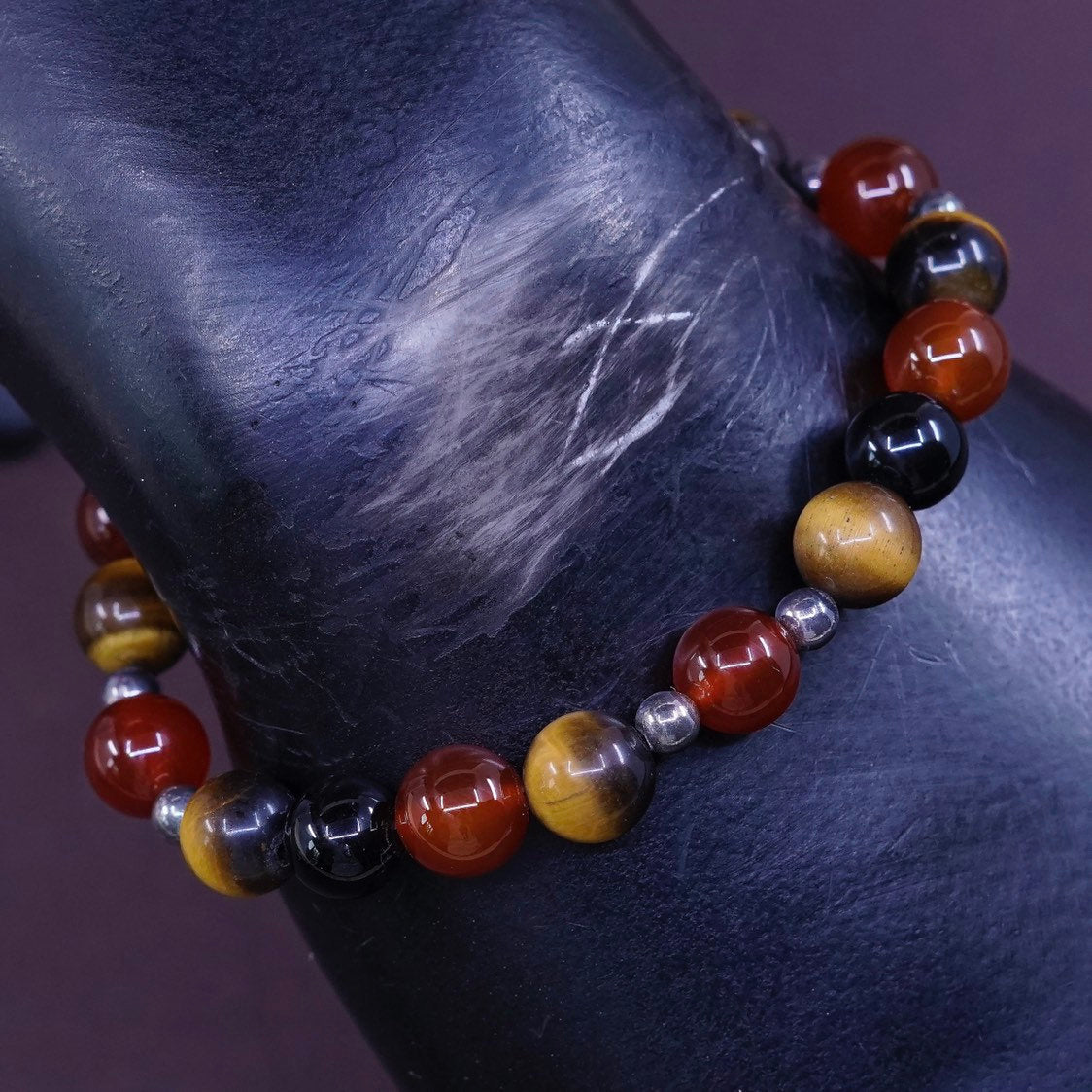 7", vtg Sterling 925 silver handmade bracelet Golden tiger eye Carnelian obsidia