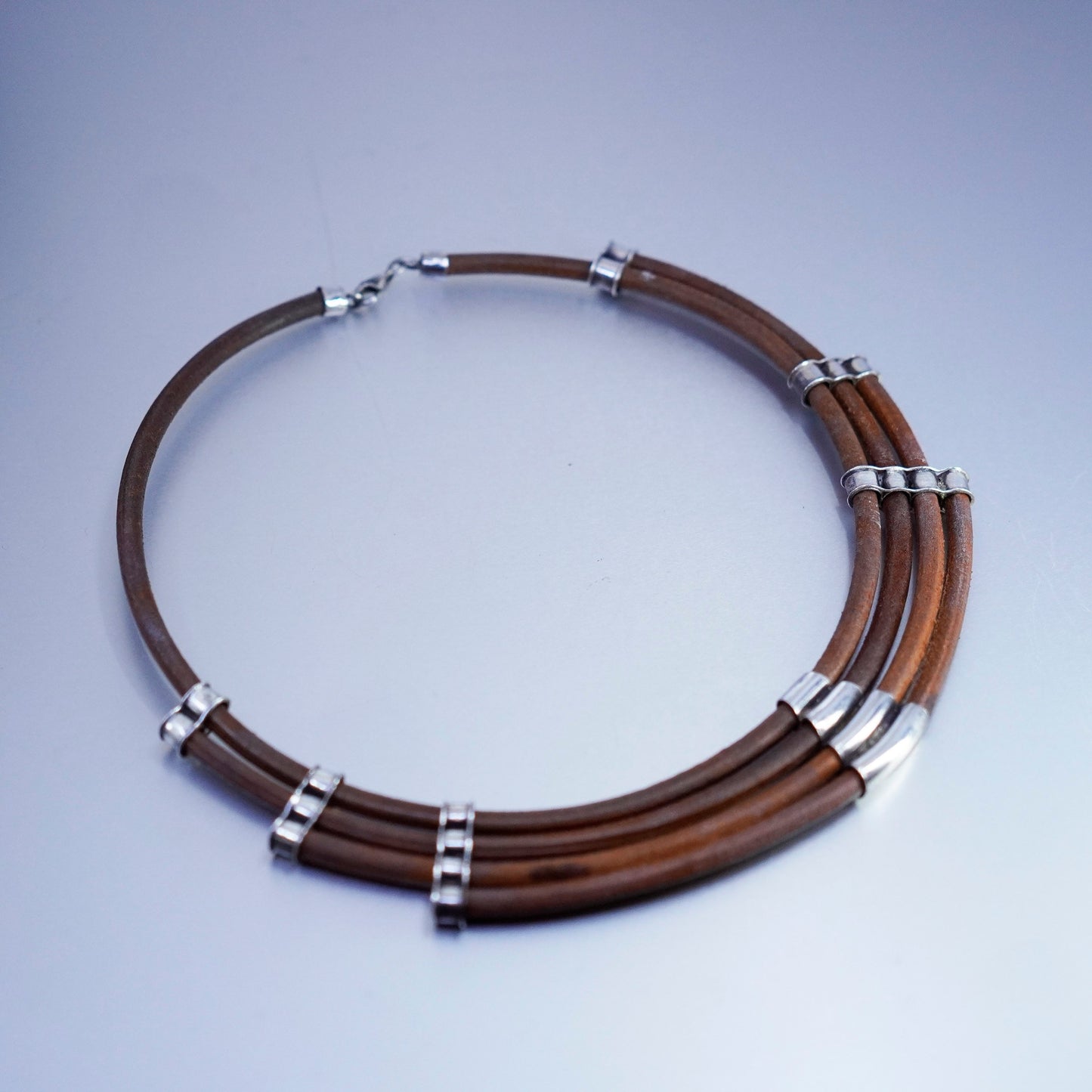 16”, Sterling Silver Multi Strand brown Leather Necklace Slide 925 Pendant
