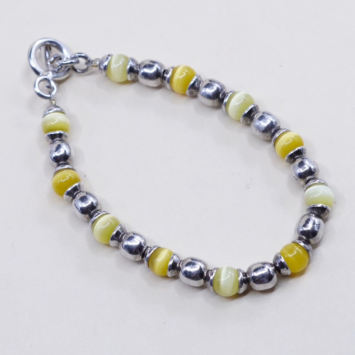 6.5”, vtg sterling 925 silver handmade bracelet, yellow tiger eye beads