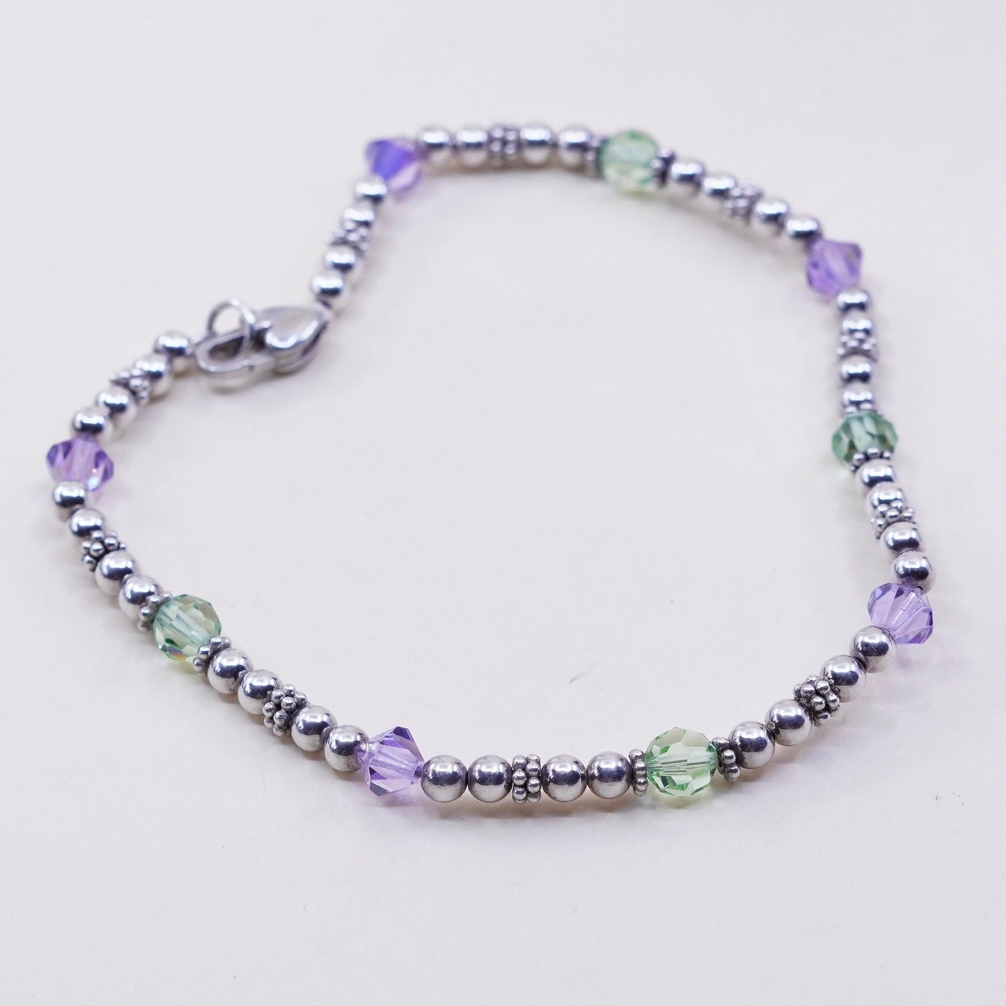 9.75”, vintage Sterling silver handmade bracelet, 925 beads anklet with crystal