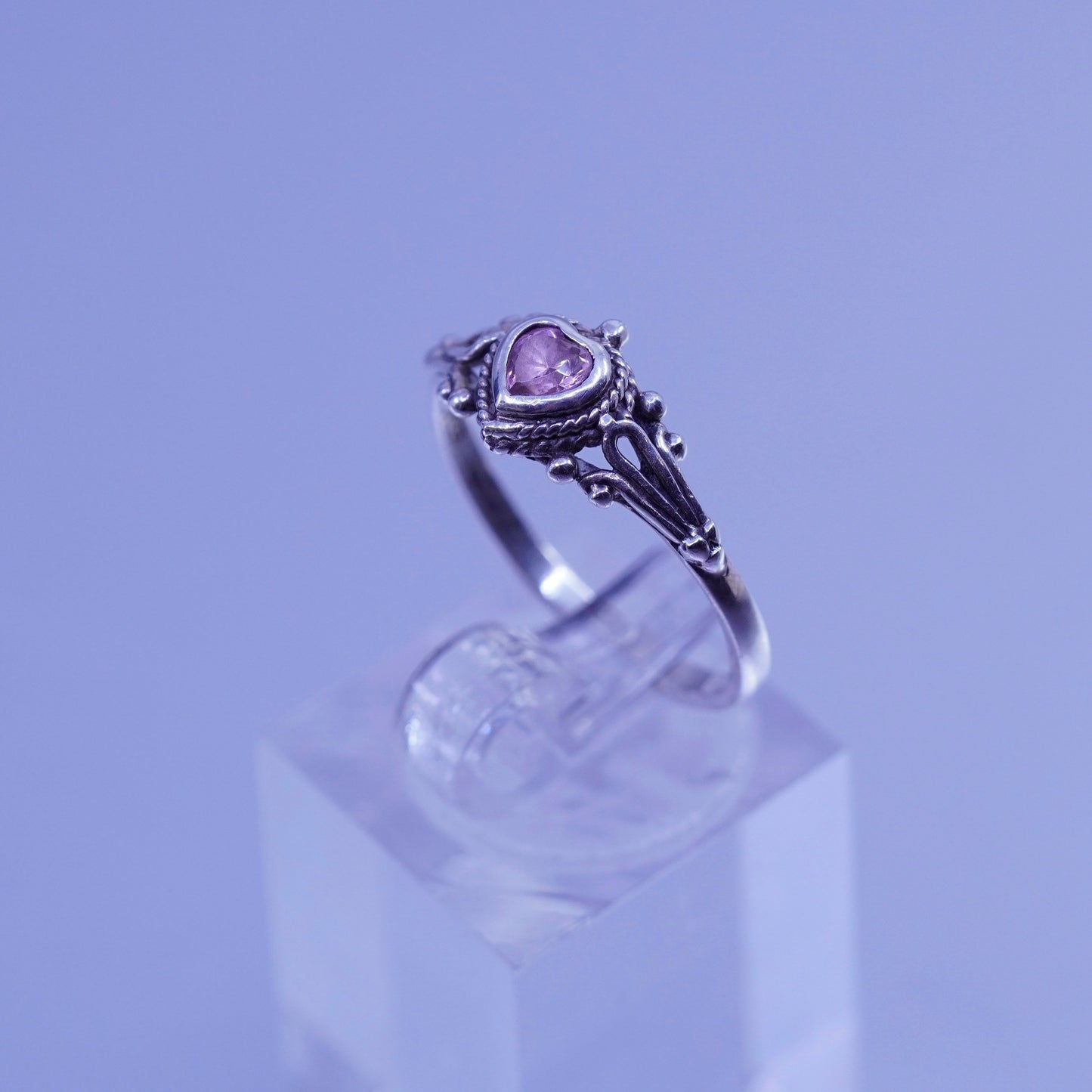Size 7.75, vintage Sterling 925 silver handmade ring with heart pink Cz beads