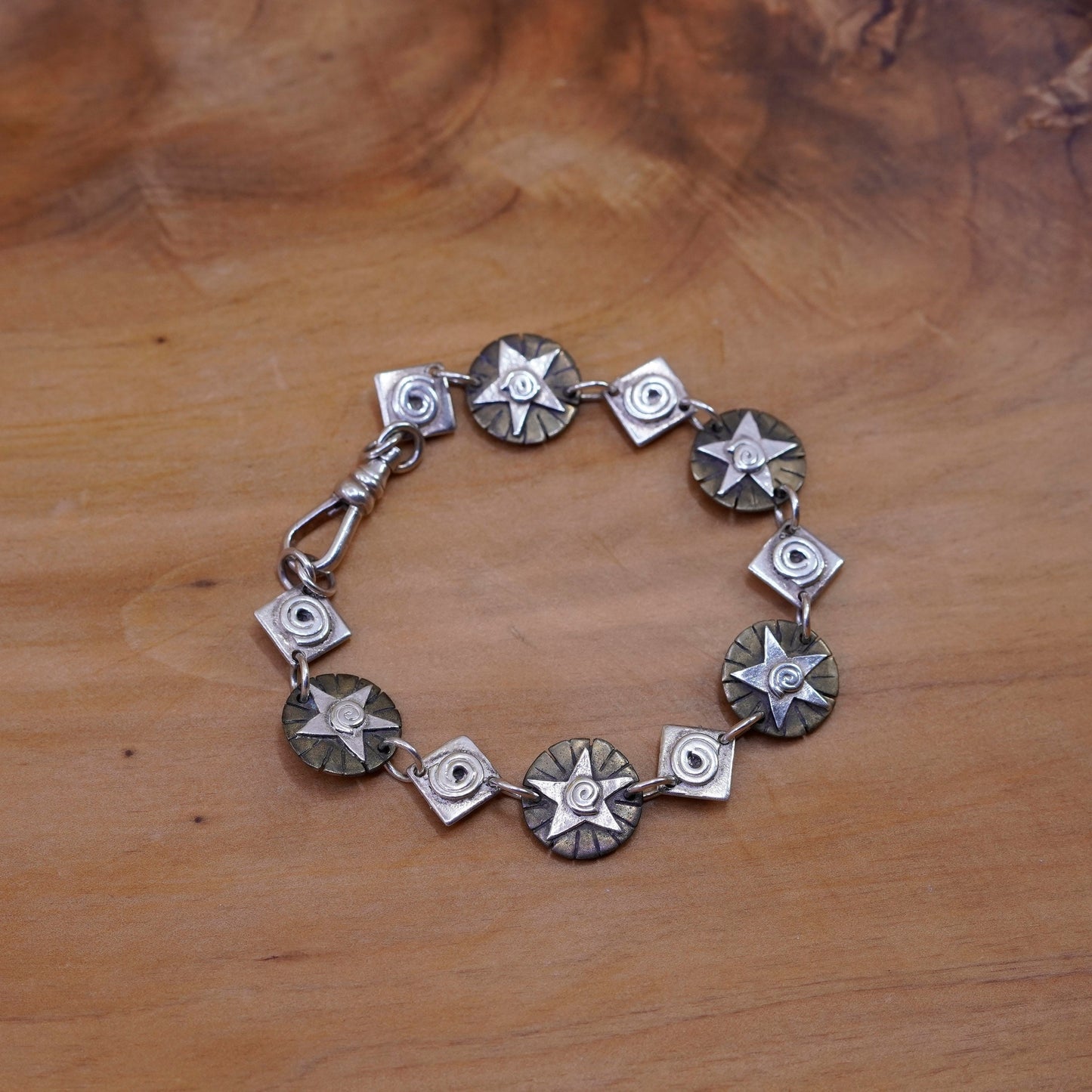 7”, two tone Sterling silver handmade bracelet, mexico 925 swirl star chain