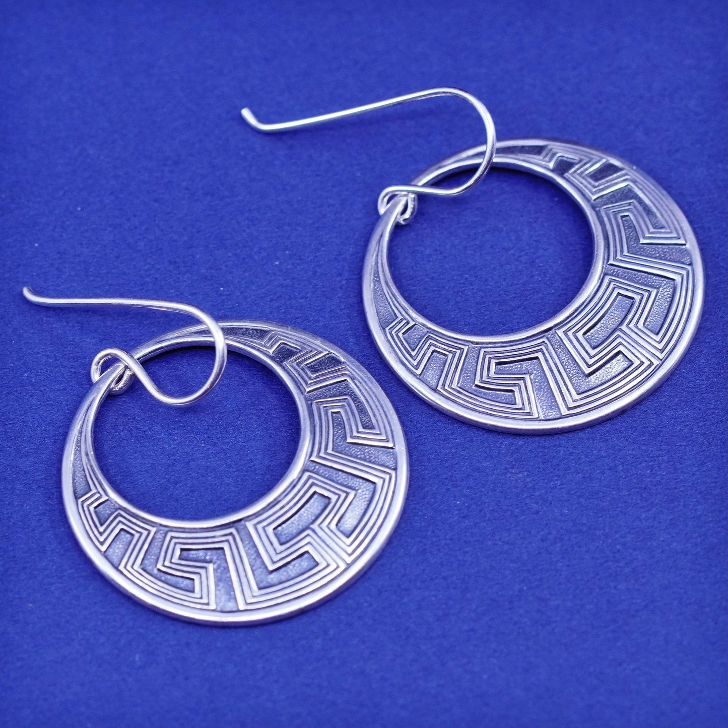Sterling Silver handmade Earrings. 925 hammered circle dangles with Greek key