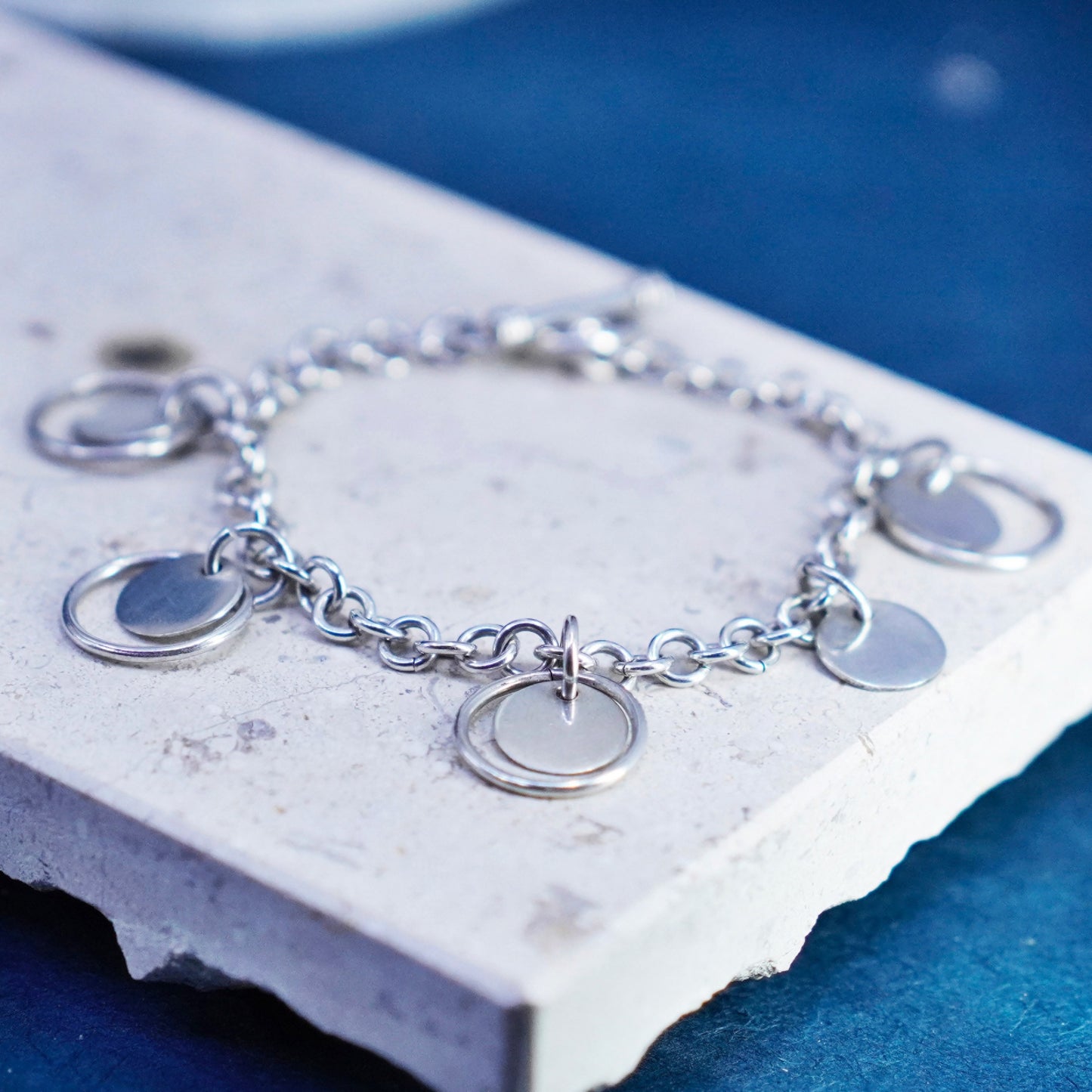 6.75”, Sterling silver handmade bracelet, 925 bold circle link chain with discs