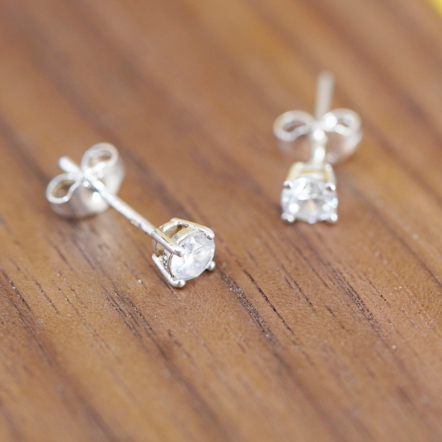 3mm, Vintage Sterling silver clear round crystal studs, cz earrings