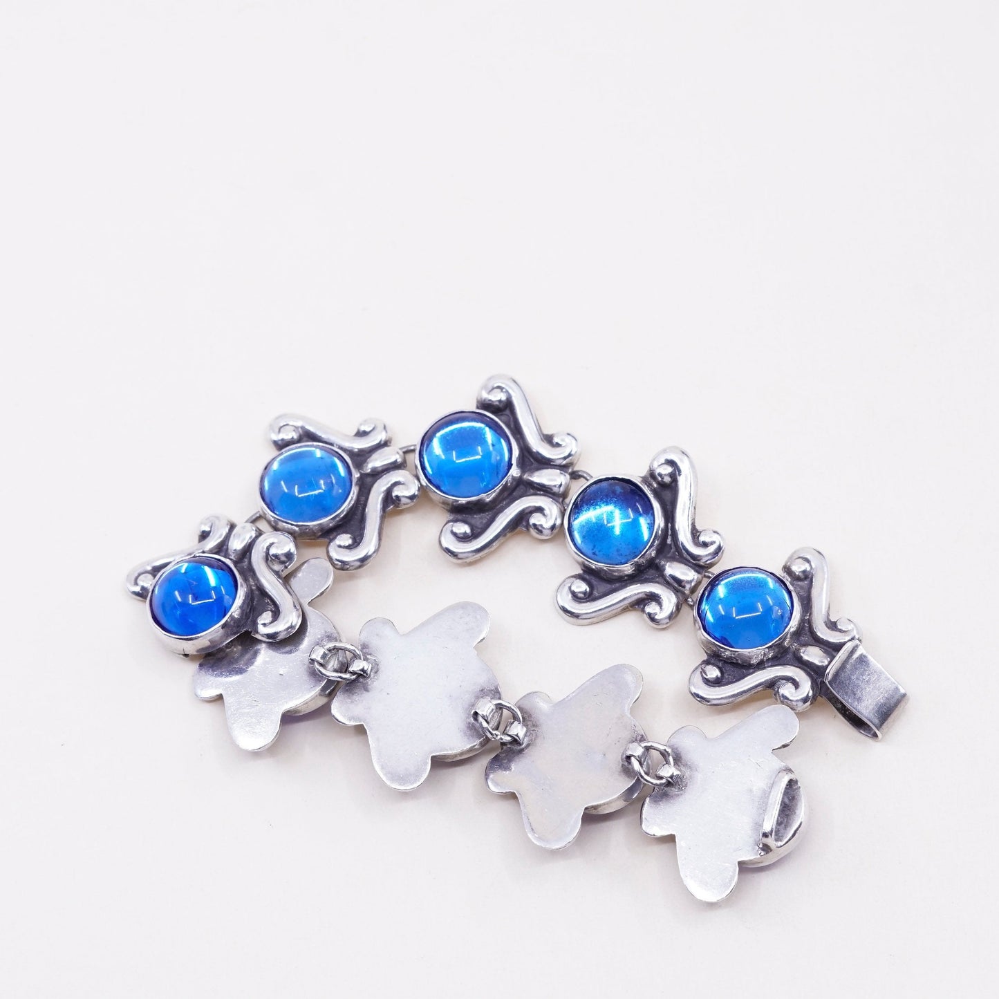 7.25”, vtg 50s lopez Sterling silver handmade bracelet, taxco 925 silver flower