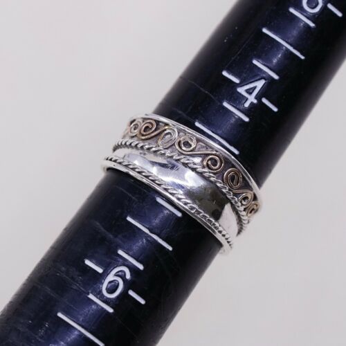 Size 5, Vtg Two Tone Sterling Silver Handmade Ring 925 Band W/ Swirl Texture