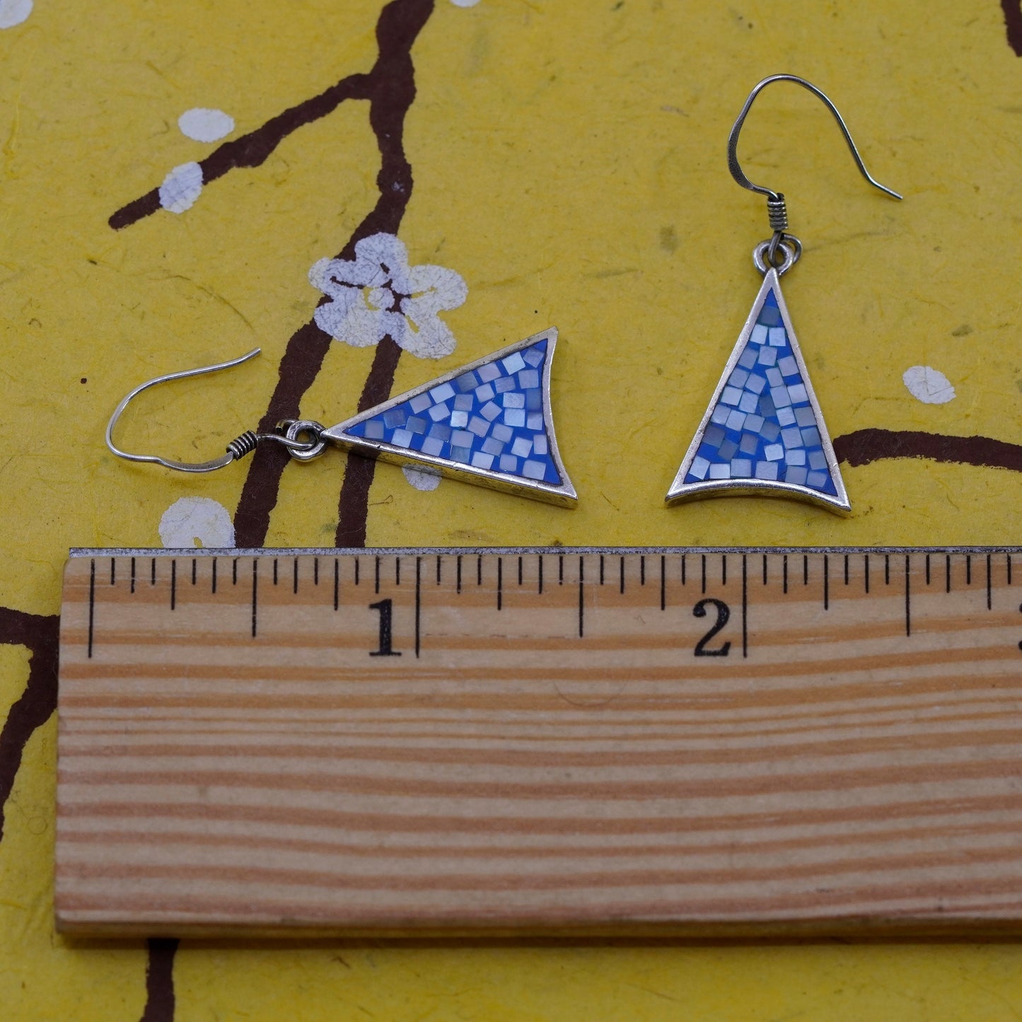 Vintage Sterling silver handmade earrings, 925 triangular mother of pearl