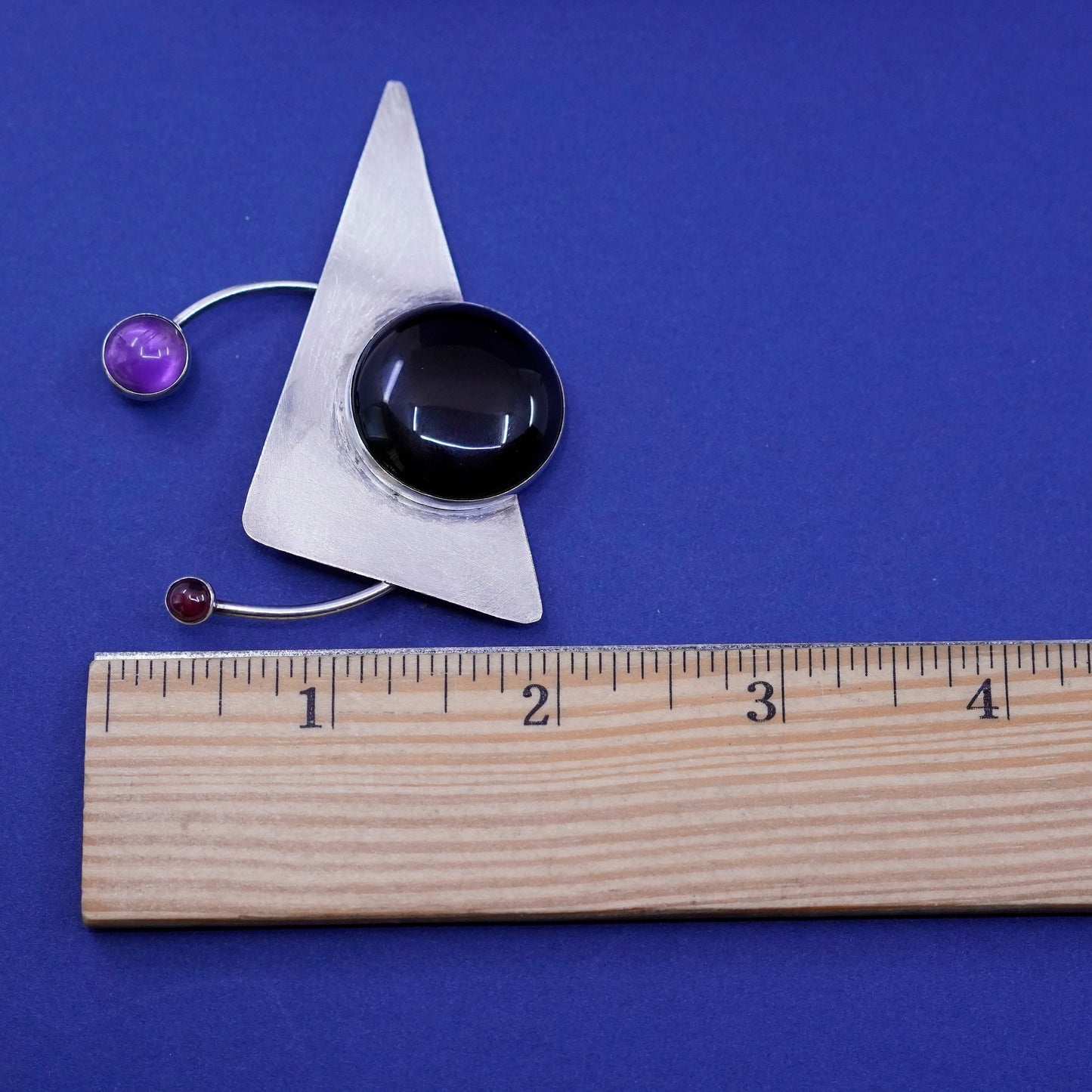 Vintage Sterling silver handmade brooch, 925 modern obsidian pin amethyst beads