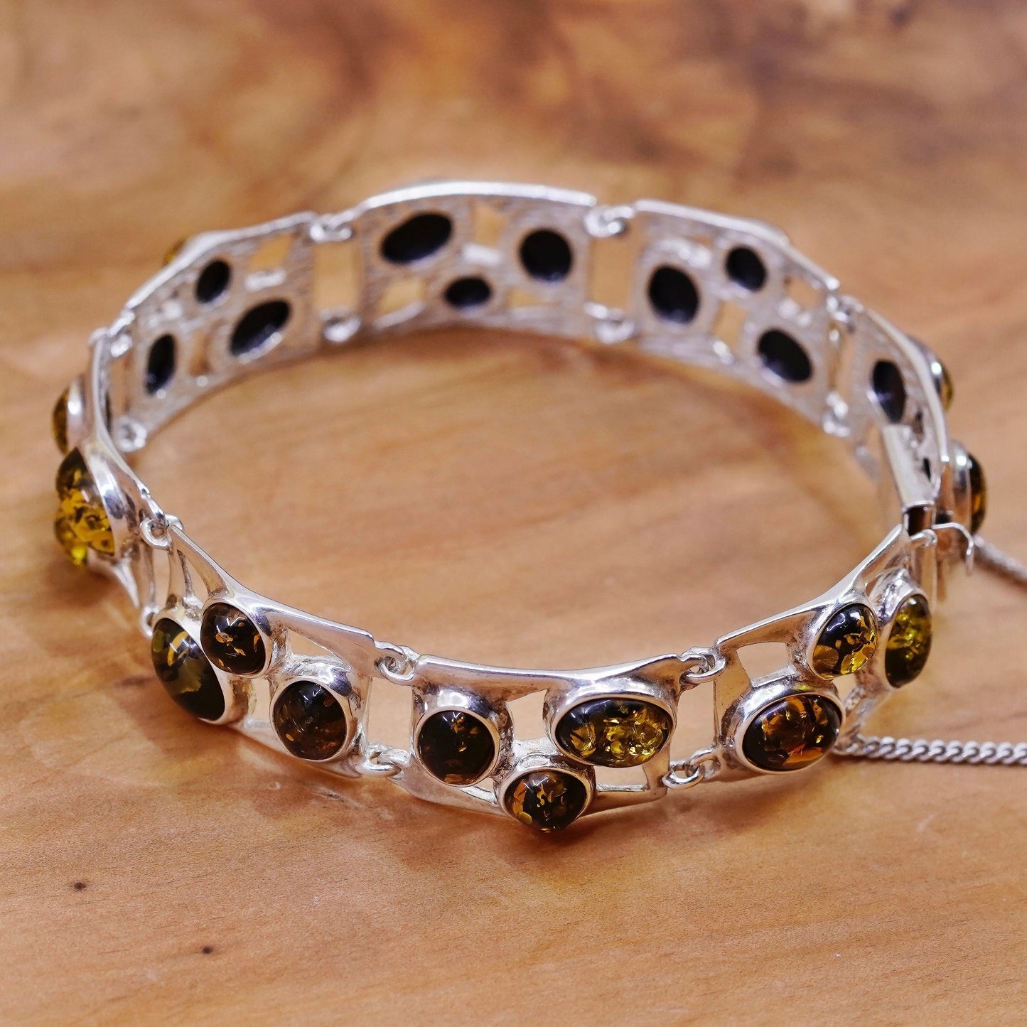 7”, vintage Sterling 925 silver handmade wide bracelet with Amber