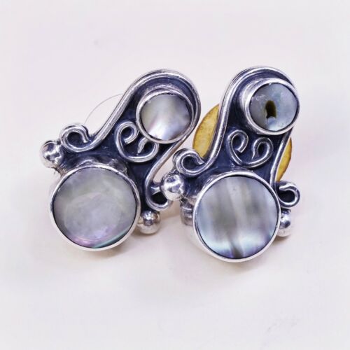 Vtg Mexico Sterling Silver Earrings W/ Abalone Inlay, 925 Handmade Studs
