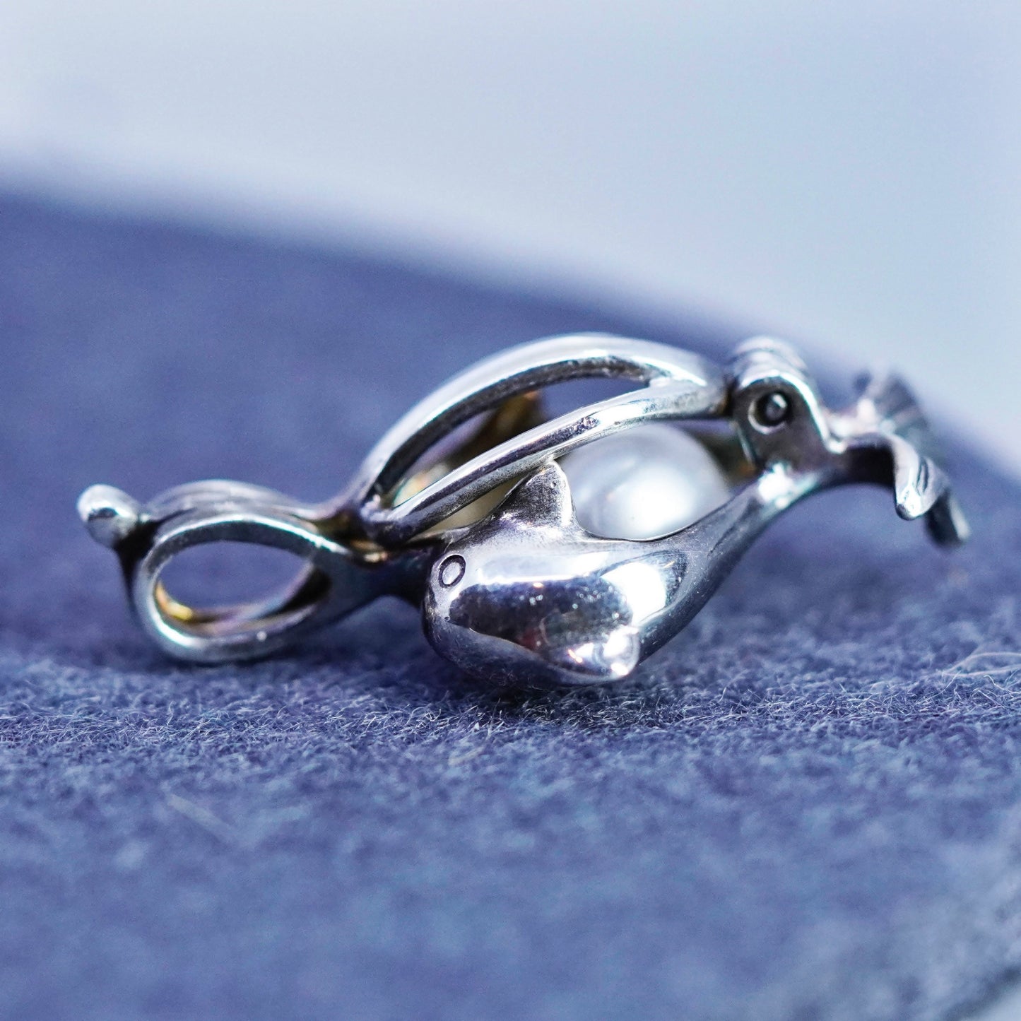 Vintage sterling 925 silver pearl heart dolphin cage pendant with pearl
