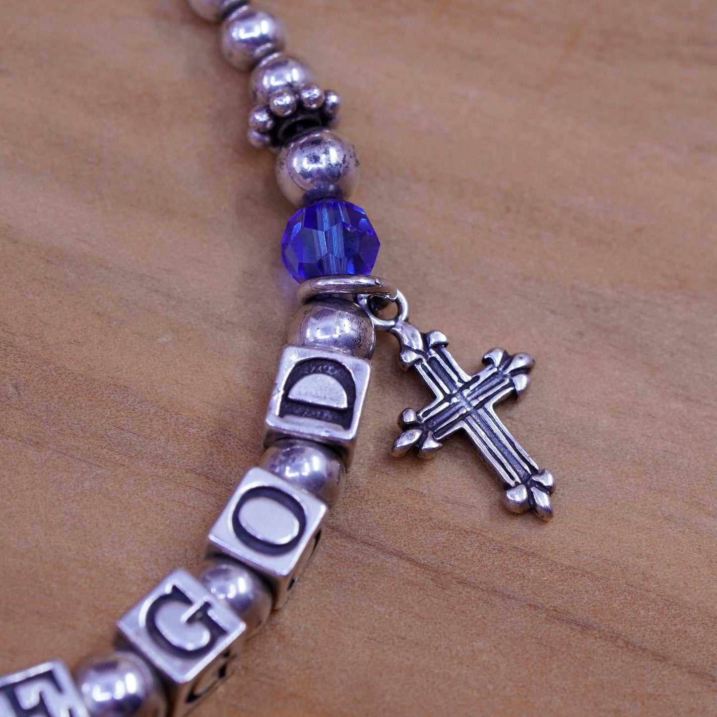 7”, Sterling 925 silver bracelet amethyst beads “believe god” cubes cross charm