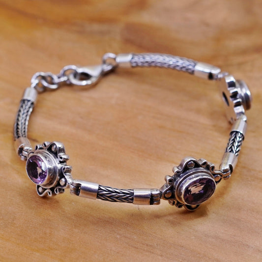 7.25”, Sterling silver handmade bracelet, bold 925 wheat chain amethyst