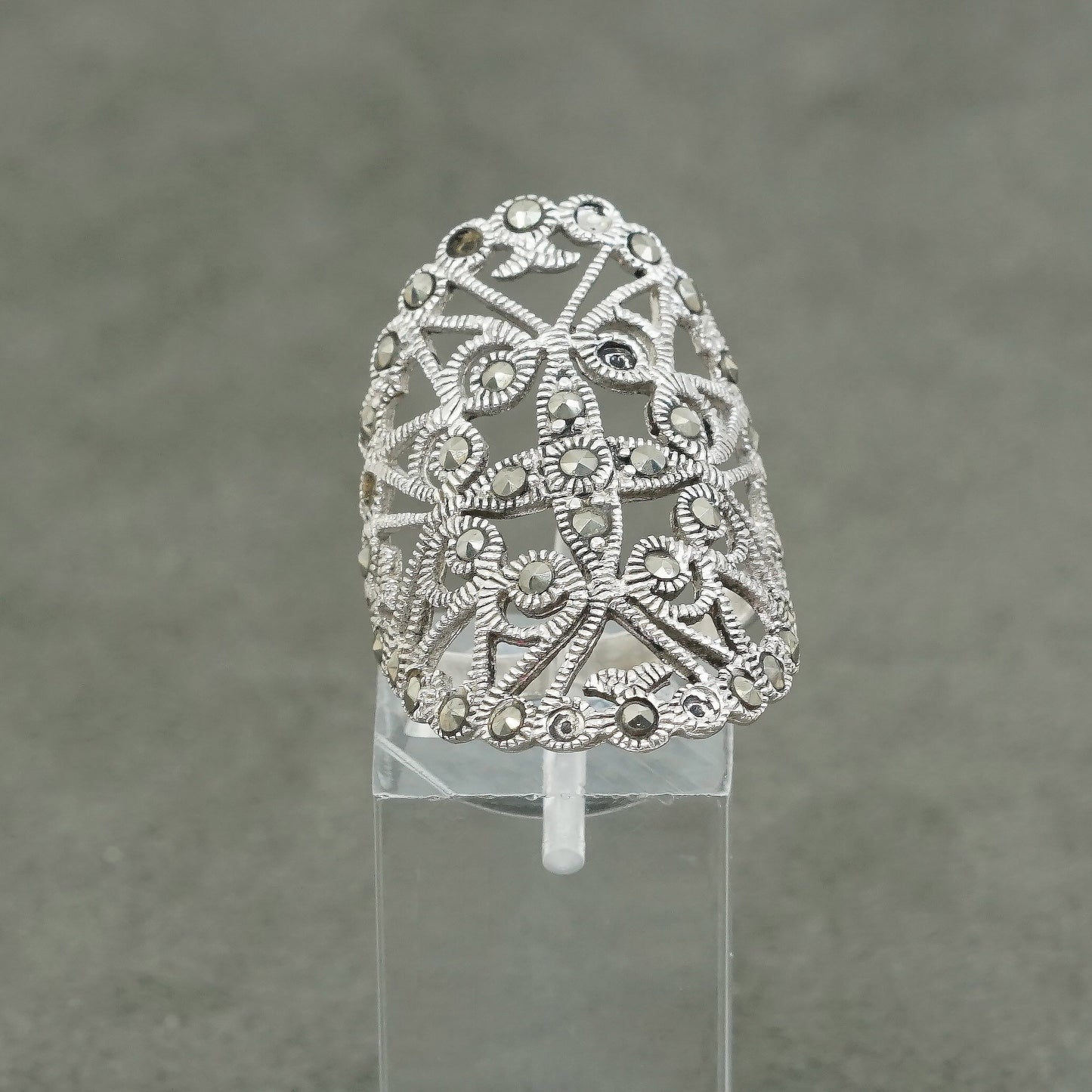 sz 5.75, vtg Sterling silver handmade ring, 925 filigree band w/ marcasite