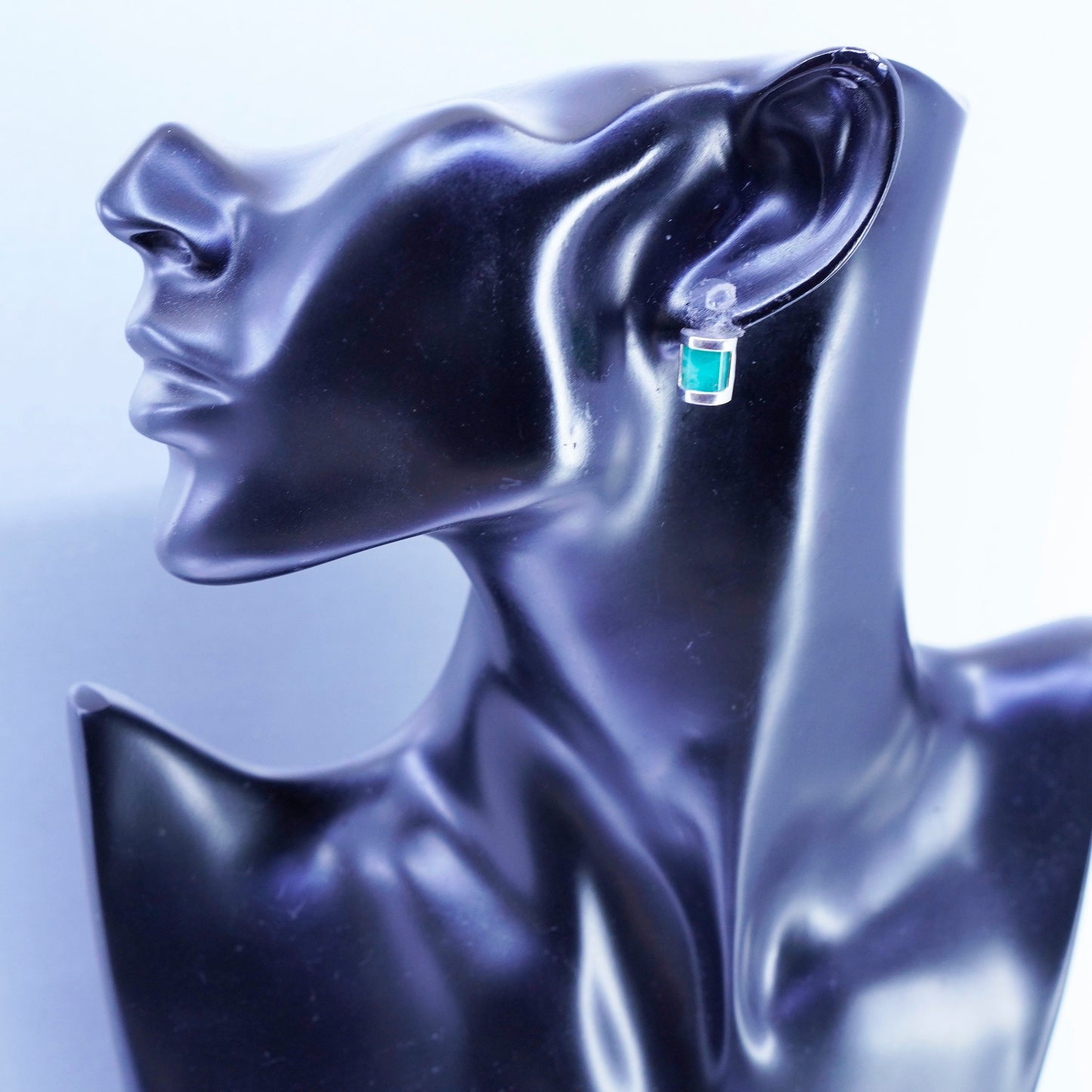 Vintage Sterling 925 silver earrings, square studs with jade