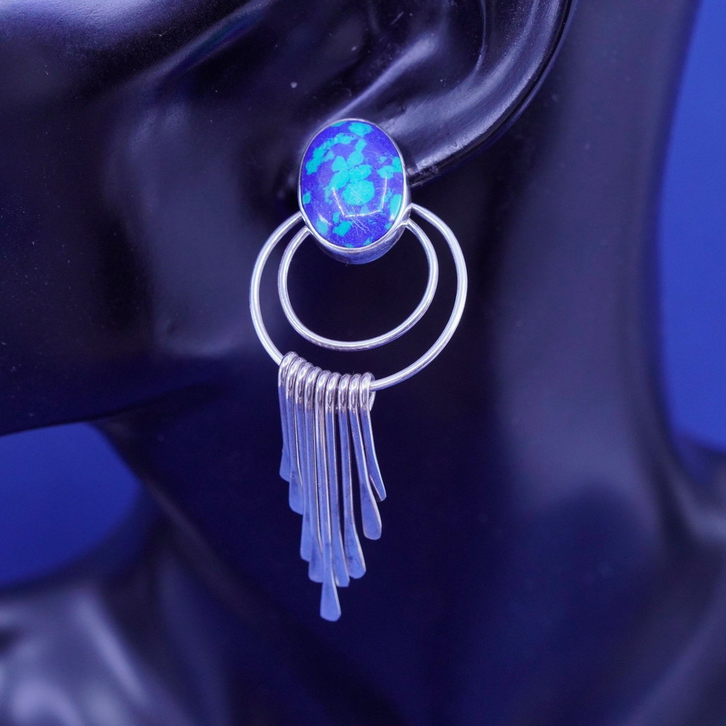 southwestern sterling silver handmade earrings, 925 fringe drops oval azurite
