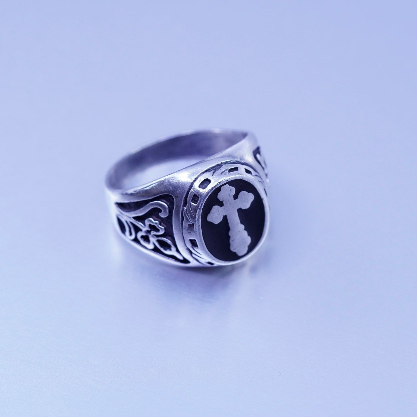 Size 12, vintage statement Sterling 925 silver ring, cross band black enamel
