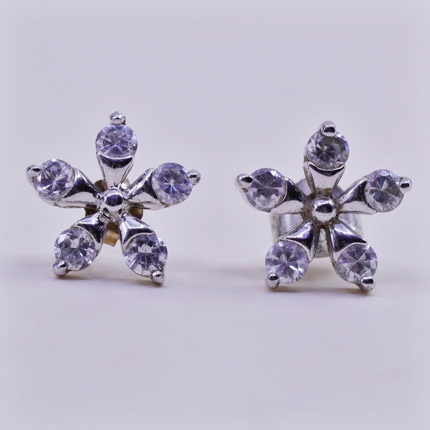 Vintage Sterling silver handmade earrings, 925 flower studs with cz