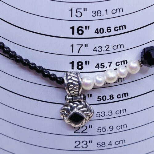 14”+2”, Vtg Sterling 925 silver Chain handmade necklace W/ Pearl N Obsidian Bead
