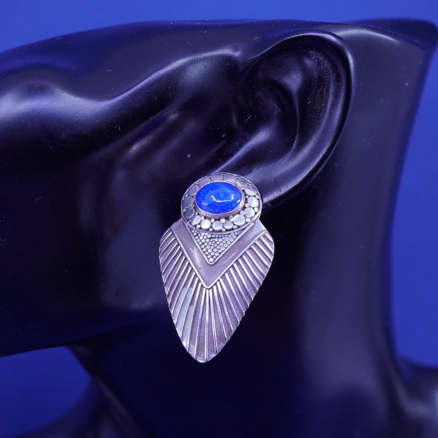 Vintage sterling silver handmade earrings, 925 teardrop studs with lapis lazuli