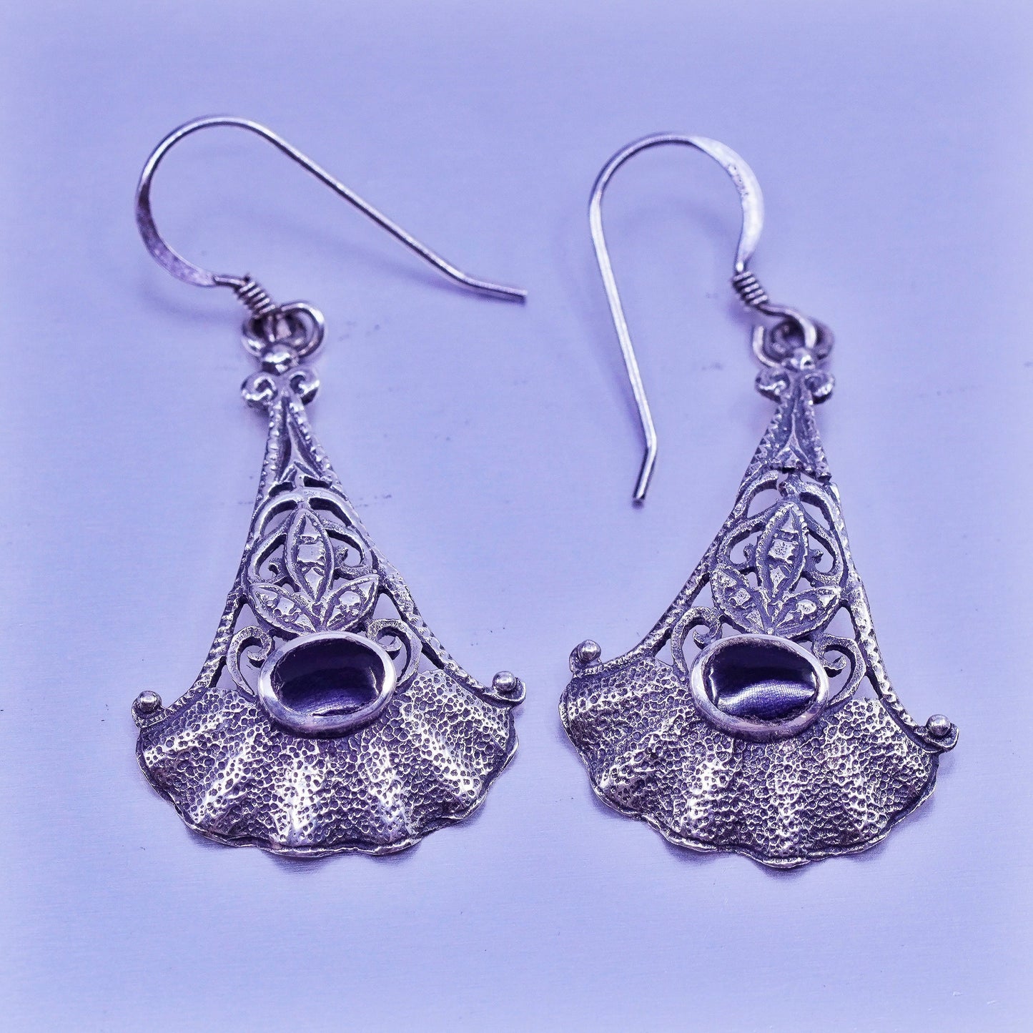 Vintage Sterling 925 silver handmade textured earrings with obsidian