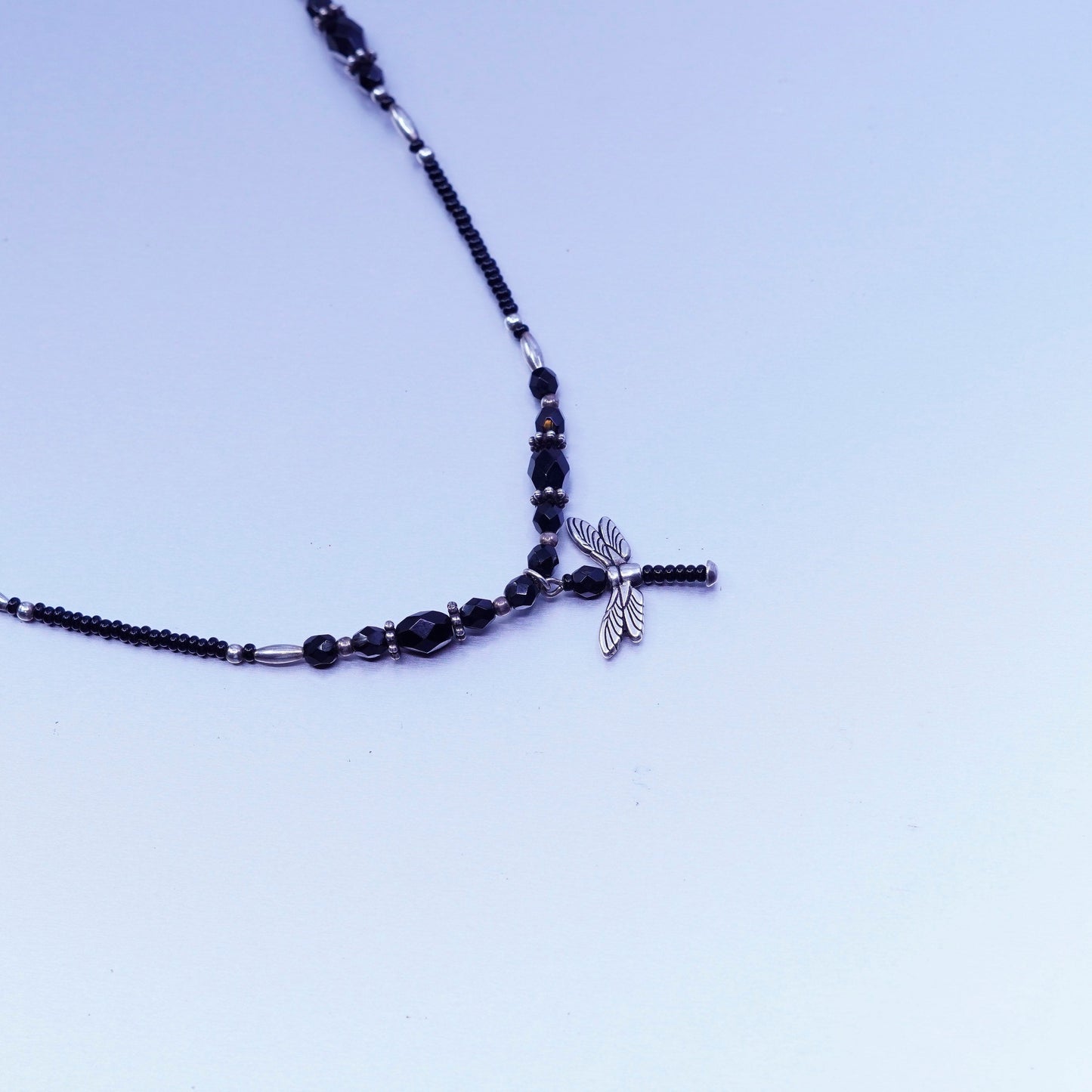 18”, vintage obsidian beads necklace with Sterling 925 silver dragonfly pendant