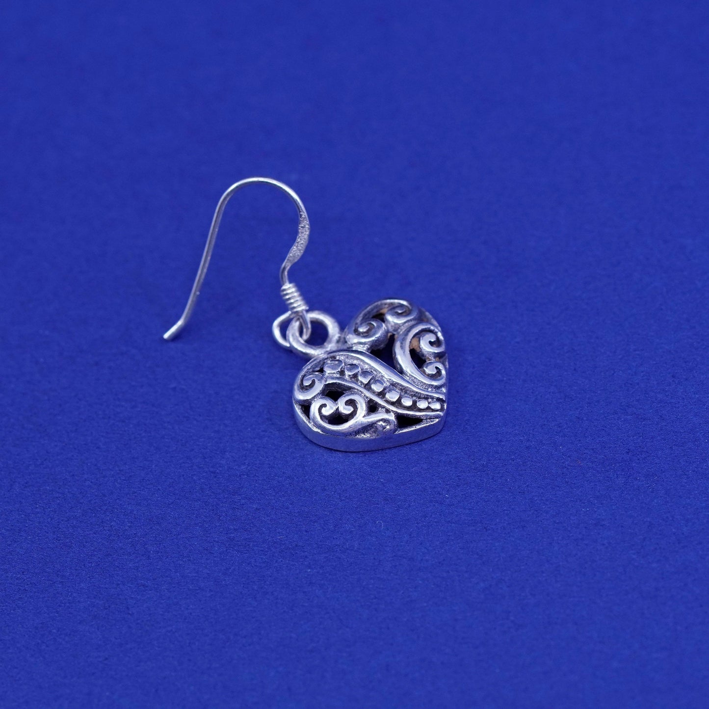Vintage Sterling silver handmade earrings, 925 Bali filigree heart drops