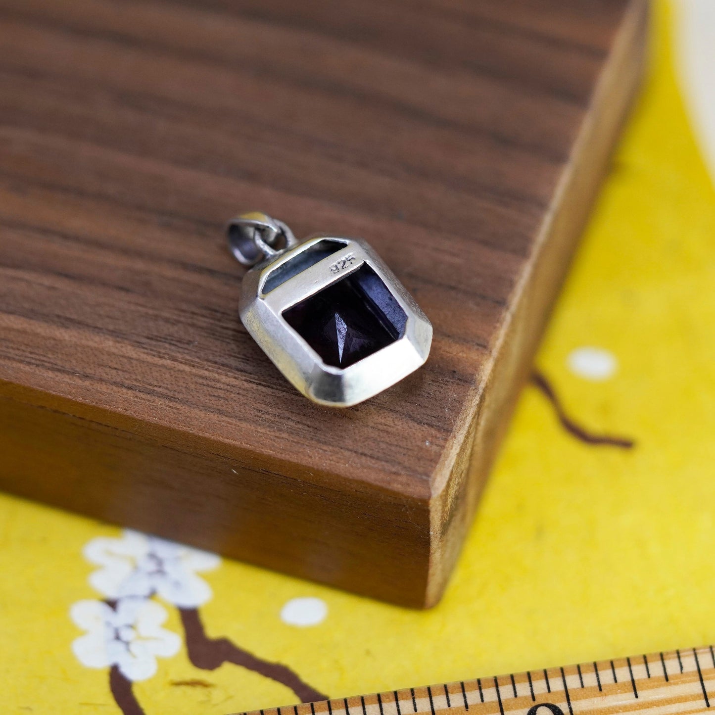 Sterling silver handmade pendant, 925 rectangular with amethyst and marcasite