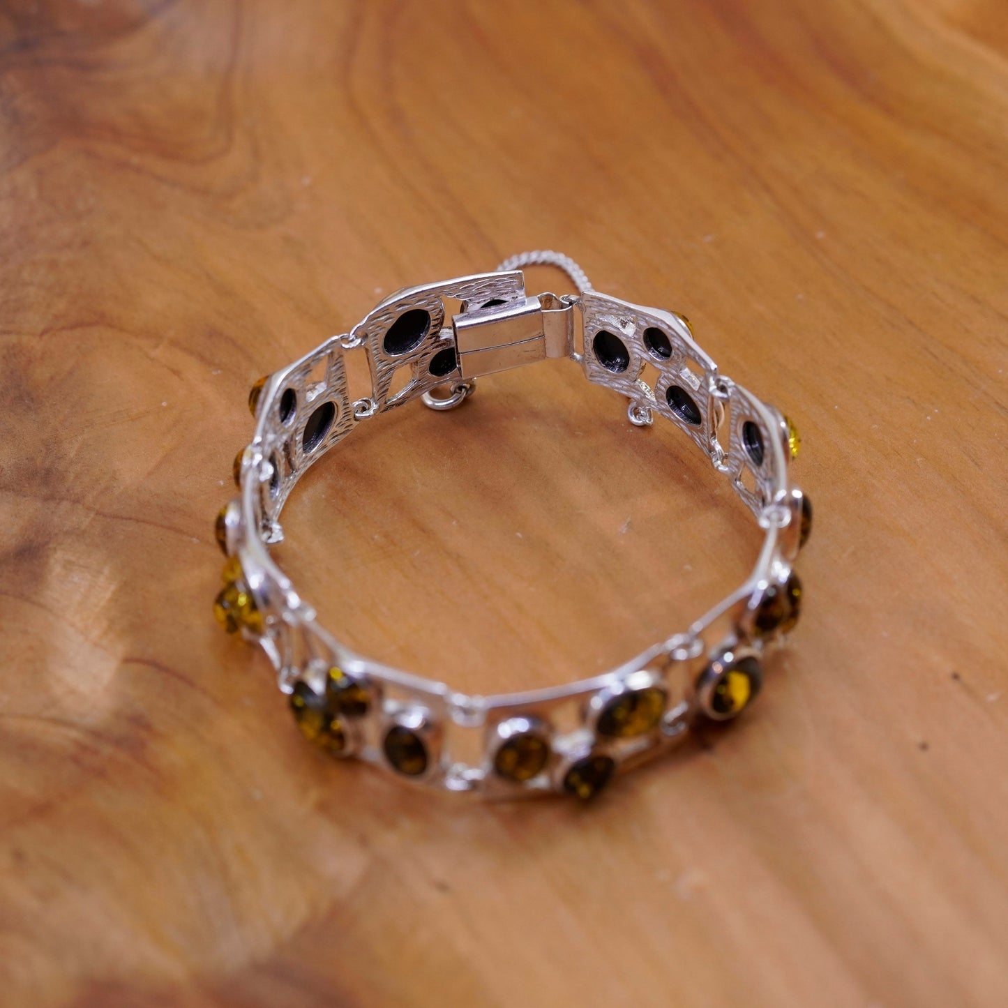 7”, vintage Sterling 925 silver handmade wide bracelet with Amber