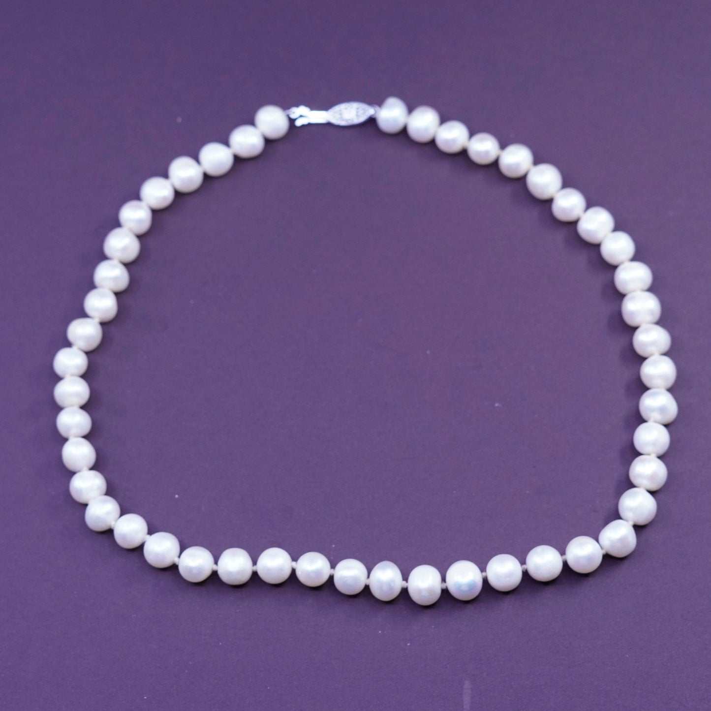 18”, vintage Sterling silver handmade necklace, 925 clasp 9-10mm pearl beads