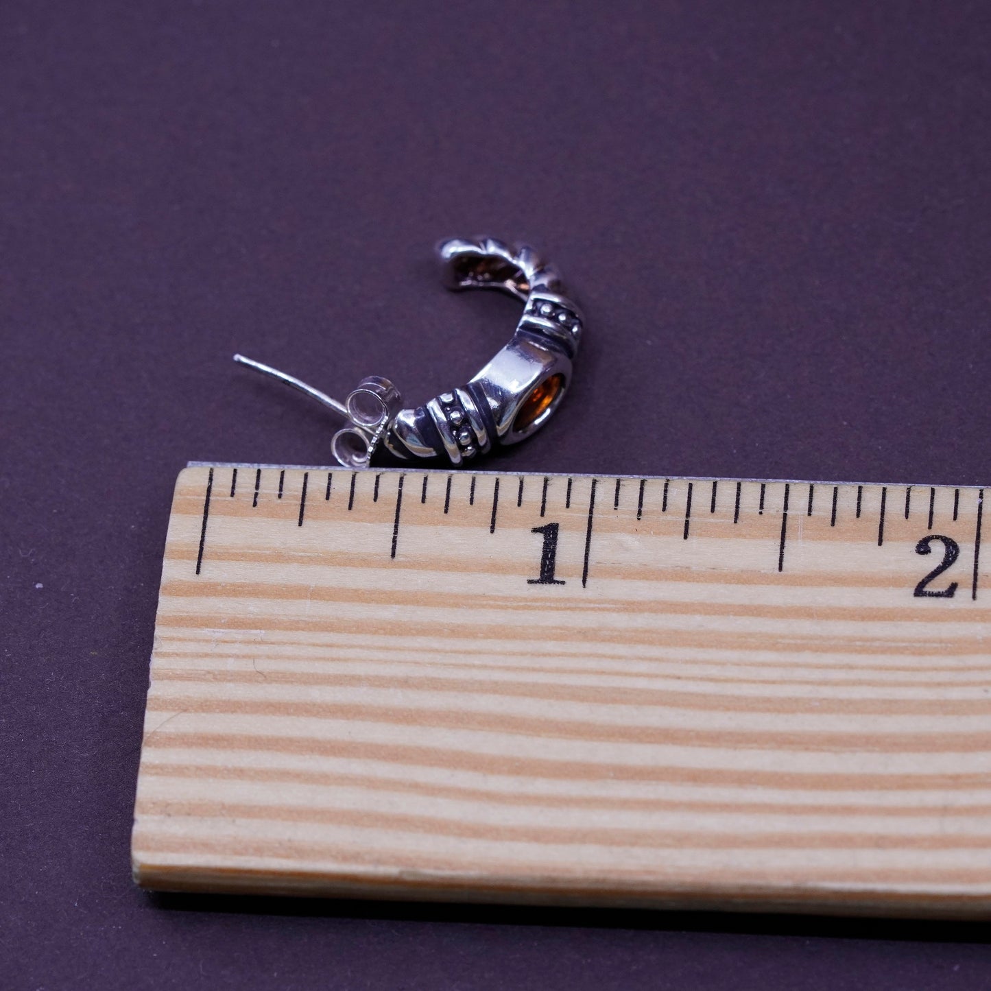 0.5”, vintage Sterling silver handmade earrings, 925 huggie hoops with ruby