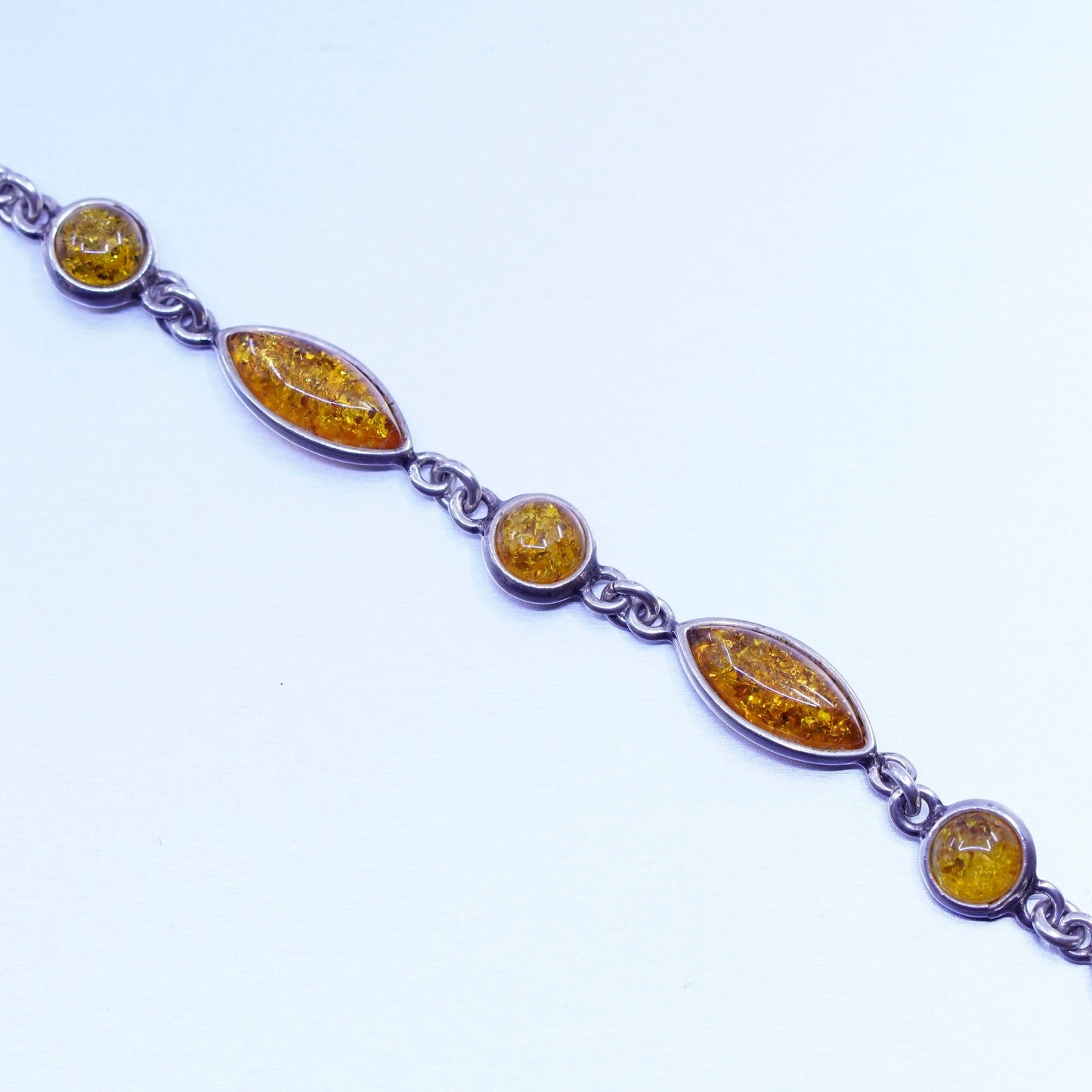 6.75”, Sterling 925 silver handmade tennis bracelet chain with marquise amber