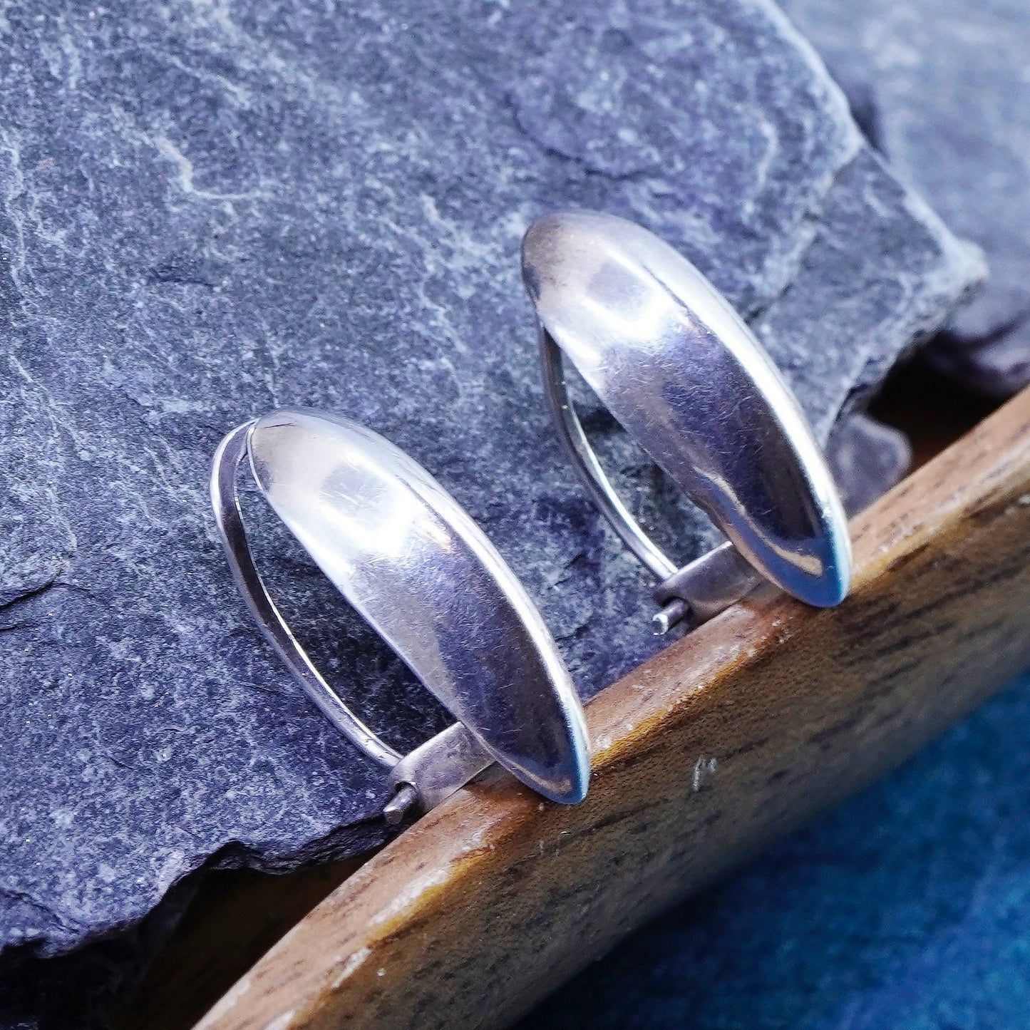 Vintage jewelry | Sterling silver handmade earrings, modern oval 925 clip on