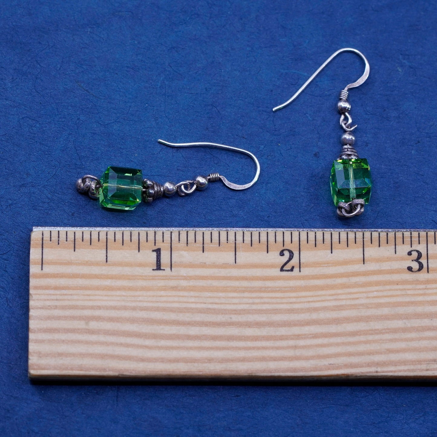Vintage sterling 925 silver earrings with green cz dangles