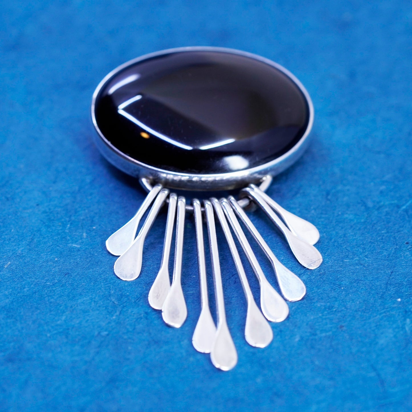Vintage Mexico Sterling silver handmade brooch, 925 oval pendant with obsidian