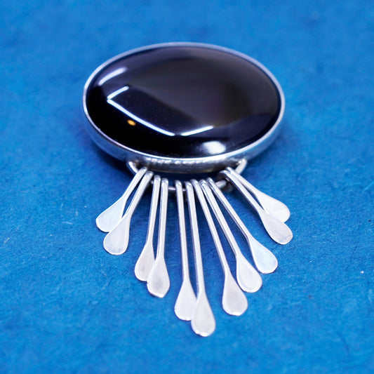 Vintage Mexico Sterling silver handmade brooch, 925 oval pendant with obsidian