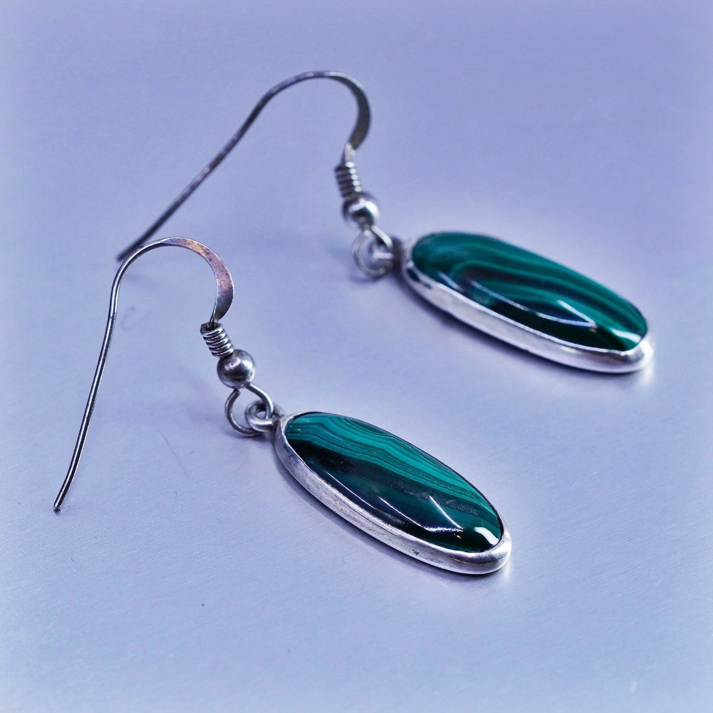 Vintage Mexico Sterling 925 silver handmade earrings with oval malachite
