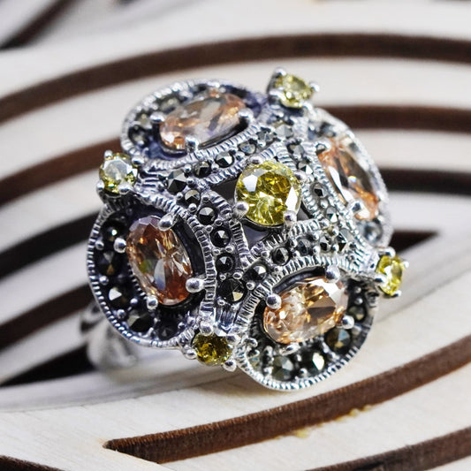 Size 9, vintage sterling 925 silver citrine flower cocktail ring with marcasite