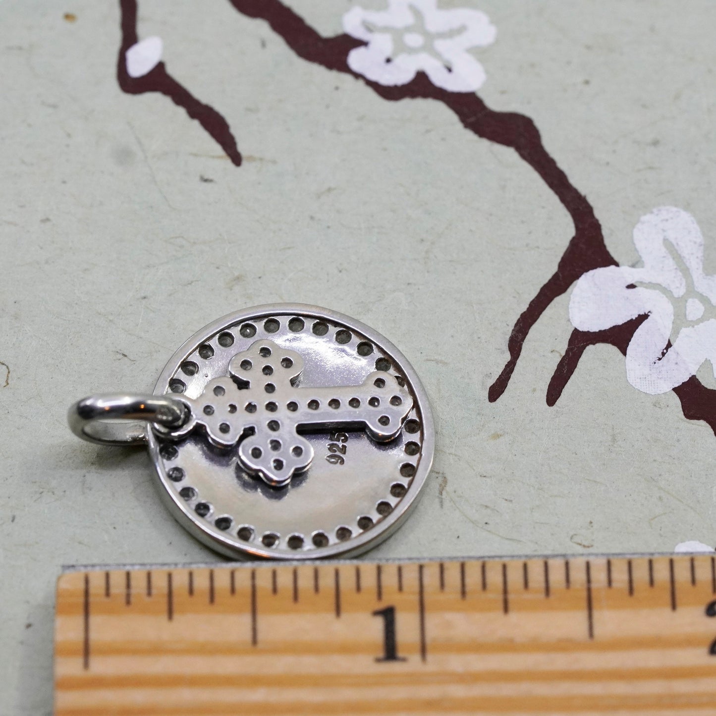 Vintage handmade Sterling silver pendant, 925 circle with cross “faith” and cz