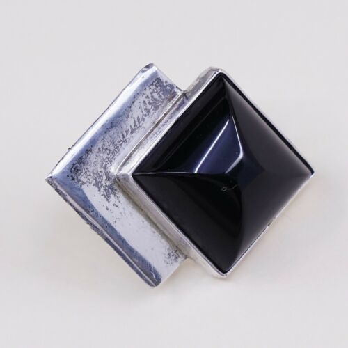 Vtg GFMW Modern Sterling Silver Handmade Earrings, 925 Square Studs W/ Obsidian