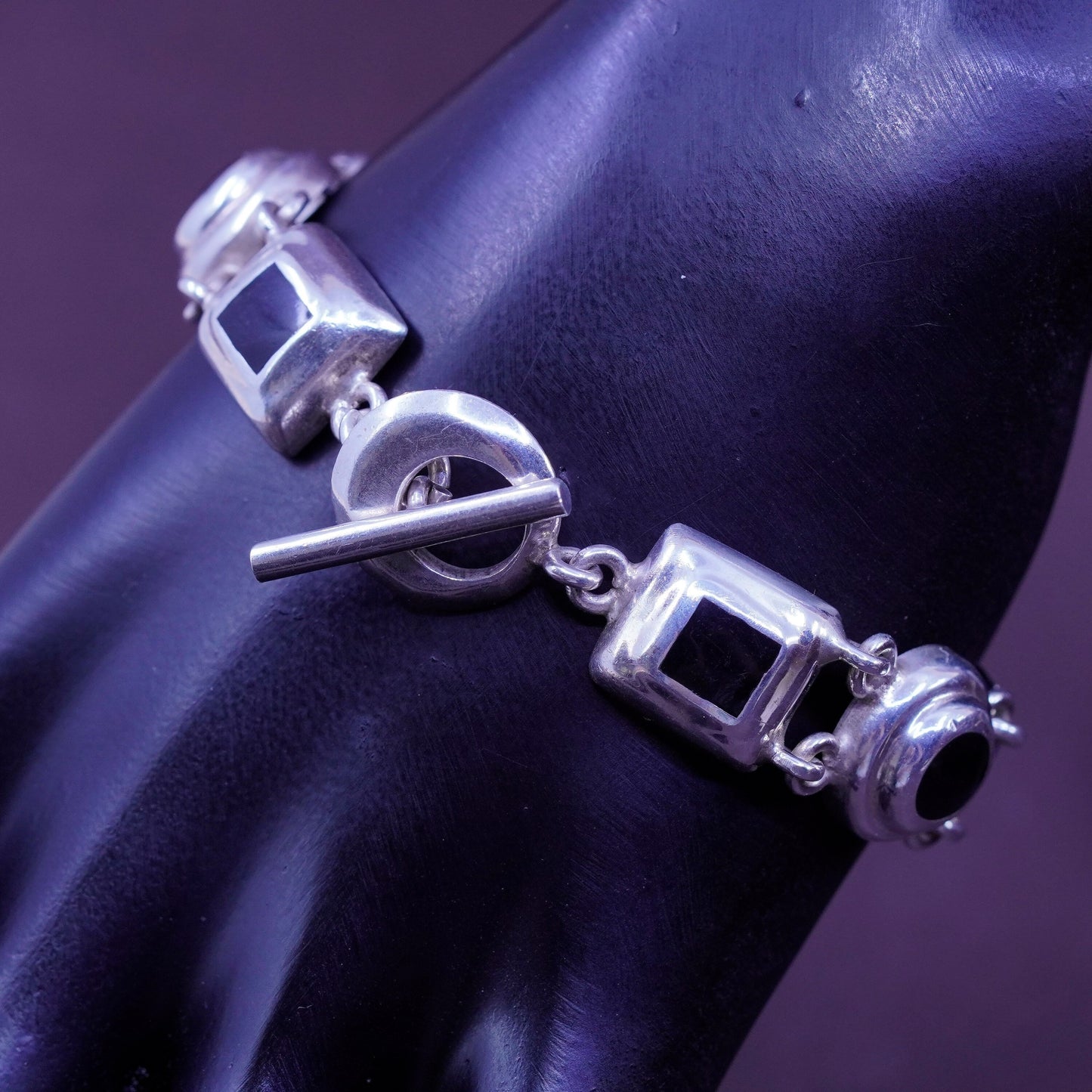 7”, Sterling silver handmade bracelet, Mexico 925 circle square chain with onyx